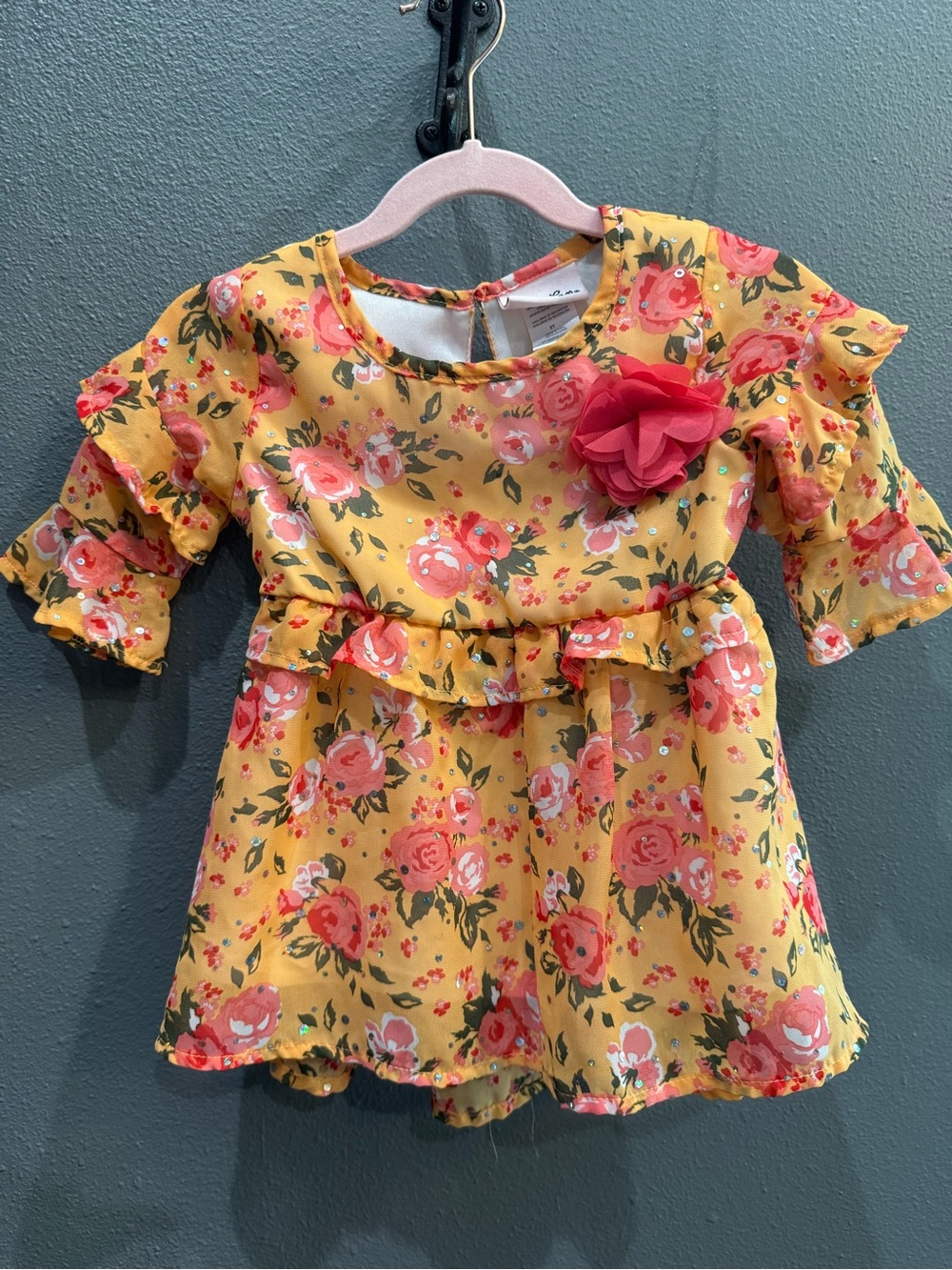 Little Lass Yellow Floral Dress with Pink Accents